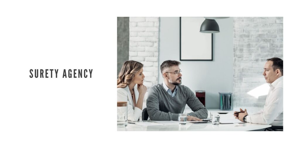 Surety Agency - A surety company. Inside the office of a surety company. Surety agents and a lawyer.
